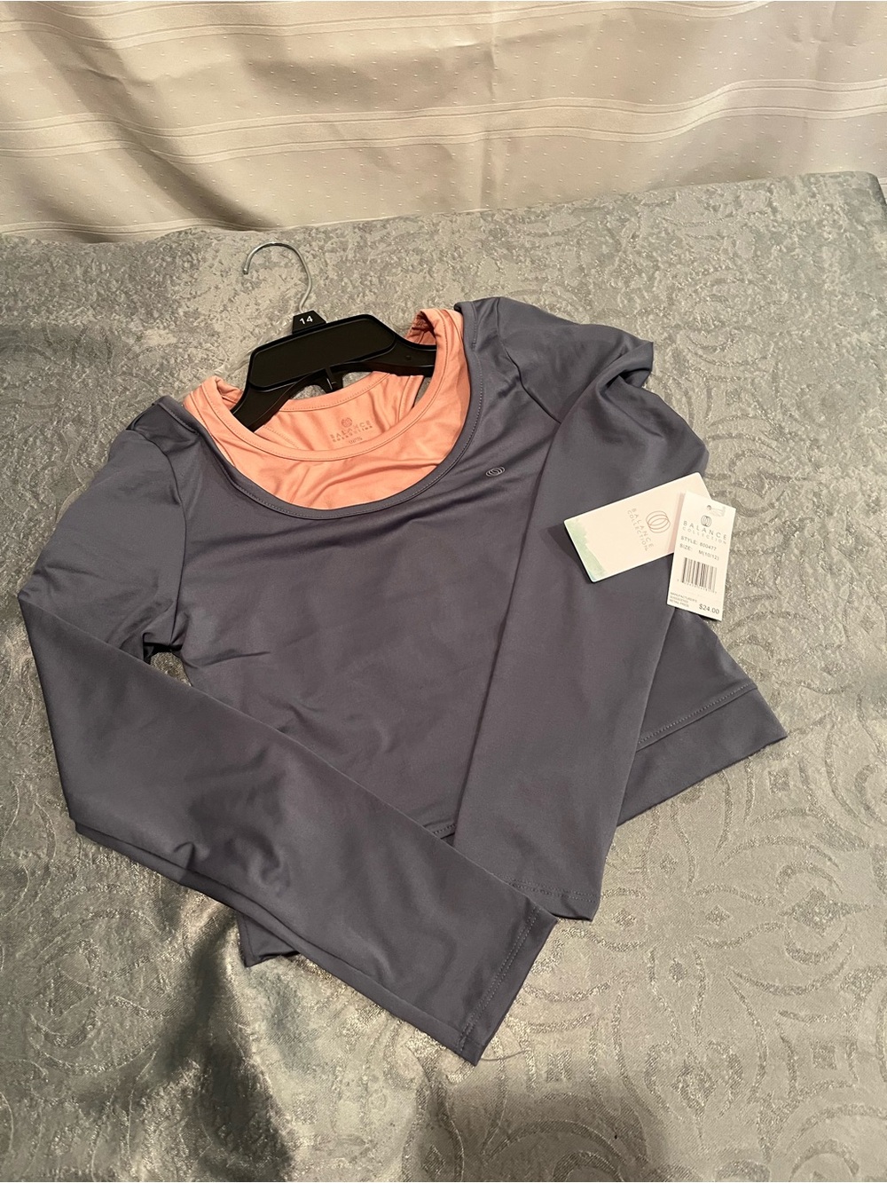 NWT Girls Athletic Layered Long-Sleeve Top in Slate Blue and Peach
